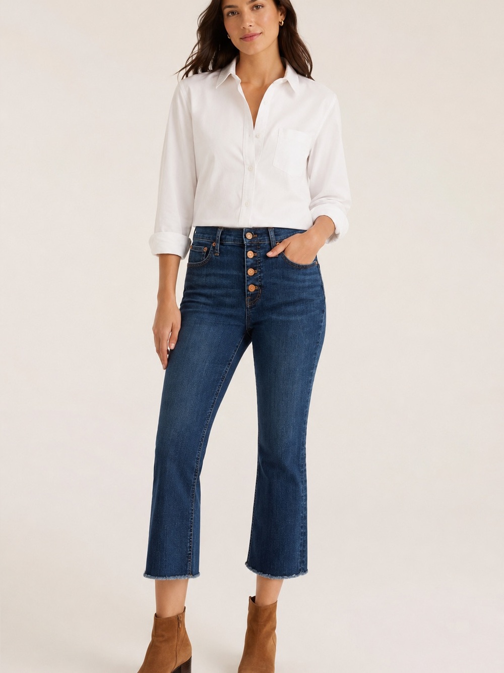 J. Crew Dark Indigo Crop Flare Jeans with Button Front